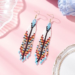 Голубой Серьги-стрелы из стеклянных бусин ручной работы, с 304 нержавеющей стали серьги крючки, золотые, голубой, 101x15 мм