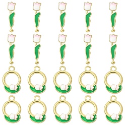 Золотой 10 шт. застежки-тогги из цинкового сплава с эмалевым покрытием, кольцо с подвеской в виде тюльпана и цветком, золотые, 17~18x5~11x2.5~5 мм, отверстие : 1.6~1.8 мм