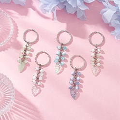 (52) Непрозрачная лаванда 5шт. стеклянные брелоки ручной работы с эффектом кракле и ламповой отделкой, с железными разрезными брелоками, лист, платина, разноцветные, 77.5 мм