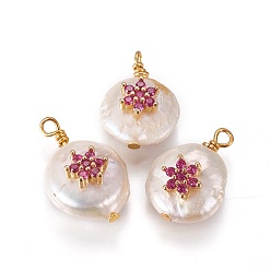 Fuchsia Natural Cultured Freshwater Pearl Pendants, with Cubic Zirconia and Brass Findings, Flat Round with Flower, Golden, Fuchsia, 17~18x12~14mm, Hole: 1.6mm