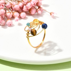 Light Gold Кольцо на палец Vortex, обернутое медной проволокой, Кольцо с чакрой из натуральных смешанных драгоценных камней и бисером, золотой свет, размер США 8 1/4 (18.3 мм)