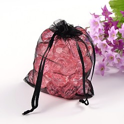 Black Organza Gift Bags, with Drawstring, Rectangle, Black, 12x10cm