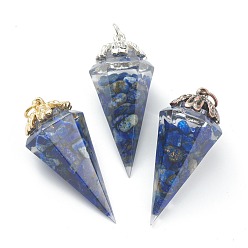 Lapis Lazuli Resin Pointed Pendants, with Natural Lapis Lazuli Inside and Brass Findings, Faceted, Cone/Spike/Pendulum, 43.5x17x19.5mm, Jump Ring: 6x1mm, 4mm Inner Diameter