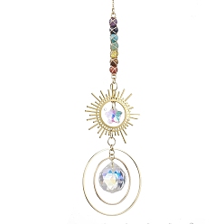 Golden Sun Brass Hanging Suncatchers, with Glass Pendants and Chakra Mixed Gemstone Beads, Golden, 300mm, Hole: 8mm