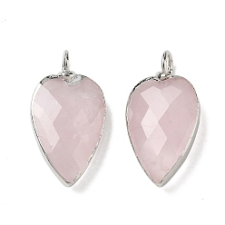 Rose Quartz Natural Rose Quartz Pendants, with Brass Edge Loops, Faceted, Heart Charms, 23~23.5x12~12.5x5.5mm, Hole: 3mm