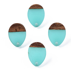 Turquoise Resin & Walnut Wood Stud Earring Findings, with 304 Stainless Steel Pin, Teardrop, Turquoise, 17x13mm, Hole: 1.8mm, Pin: 0.7mm