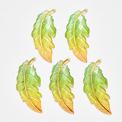 Lime Transparent Acrylic Big Pendants, with Plated Bottom, Leaf, Lime, 61.5x27x4mm, Hole: 1.2mm