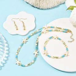 Золотой Комплекты из ожерелья, браслета и серег с подвесками из синтетической бирюзы, с нейлоновой нитью, латунные бусины и 304 крючки для сережек из нержавеющей стали, золотые, Серьги: 36x5 mm