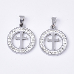 Нержавеющая Сталь Цвет 201 подвески из нержавеющей стали, со случайным размером оснастки на поручителях и стразами из полимерной глины и хрусталя, плоские круглые с крестом, цвет нержавеющей стали, 23x20x2~3 мм, отверстие : 7~10x3~5 мм