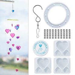 Белый Наборы для изготовления колокольчиков своими руками, в том числе 4 шт силиконовые формы, 46 латунные бусины шт., 1 крючки из нержавеющей стали, 1 нить из рулонного хрусталя, белые, Форма сердца: 56x59x6мм, отверстие : 1.7~2 мм, внутренний диаметр: 22x25 мм и 37x45 мм