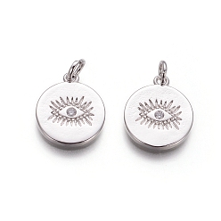 Платина Латунные подвески, с фианитом и кольцами для прыжков, плоские круглые с сглаза, прозрачные, платина, 15x13x1.5 мм, отверстие : 3 мм