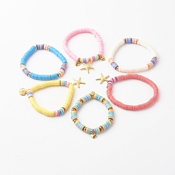 Mixed Color Handmade Polymer Clay Heishi Beads Stretch Bracelets, with Brass Spacer Beads and Alloy Pendants, Mixed Shape, Mixed Color, Inner Diameter: 1-3/4~1-7/8 inch(4.5~4.8cm)