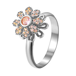 Platinum Brass Micro Pave Cubic Zirconia Rotating Finger Rings, Flower, Fidget Spinner Ring for Calming Worry Meditation, Platinum, 15~20mm