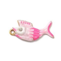 Бледно-Розовый 304 прелести нержавеющей стали, рыбы прелести, с эмалью и стразами, золотые, розовый жемчуг, 26.5x14x3.5 мм, отверстие : 1.8 мм