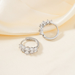 Серебро Латунные плоские круглые серьги-кольца с прозрачным кубическим цирконием, серебряные, 16x7 мм