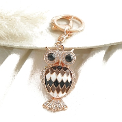 Черный Сплав цинка брелок, с стразами и эмалью, сова, чёрные, 60x35 мм