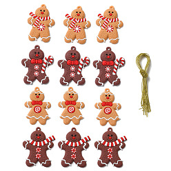 Mixed Color PVC Hanging Decorations, with Cord, Gingerbread Man, for Christmas, Mixed Color, Pendant: 72~73.5x48~59.5x3.5mm, Hole: 3.8~4.3mm, 12pcs/set