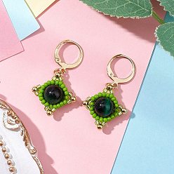 Зеленый Серьги-подвески из натурального тигрового глаза, с 304 фурнитурой для сережек с застежкой-ангелом из нержавеющей стали и стеклянными бусинами, золотые, зелёные, 35x18.5~19 мм