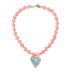 Pink Alloy Enamel Leaf Pendant Resin Nuggets Beaded Necklaces for Women, Light Gold, Pink, 16.93 inch(43cm)