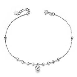 Platinum SHEGRACE Rhodium Plated 925 Sterling Silver Anklet, with Round Charm, Platinum, 8-1/4 inch(210mm)
