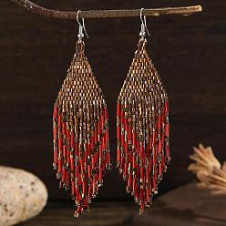 Красный Шестигранные серьги-подвески из стеклянного бисера ручной работы в стиле бохо, платина, красные, 153x27 мм