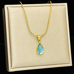 Темно-Голубой 304 Подвеска в форме капли из нержавеющей стали со стеклянным кулоном, круглая цепочка-змейка для женщин, глубокое синее небо, 17.72 дюйм (45 см)