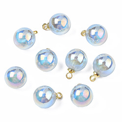 Turquoise ABS Plastic Imitation Pearl Charms, with Brass Findings, AB Color Plated, Golden, Round, Turquoise, 11.5x8mm, Hole: 1.5mm