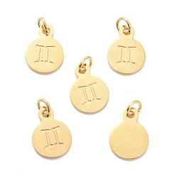 Gemini Golden Plated 304 Stainless Steel Charms, Flat Round with Constellations Pattern, Gemini, 13.5x10x1mm, Jump Ring: 5x1mm, Hole: 3mm