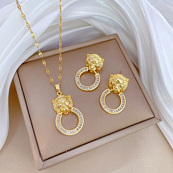 Лев Латунное ожерелье с подвеской из микрофибры и серьги-гвоздики, колье-цепочка из нержавеющей стали, золотые, лев, 400 мм