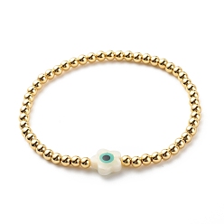 Golden Brass Round & Shell Flower Beaded Stretch Bracelet for Women, Golden, Inner Diameter: 2-1/4 inch(5.6cm)