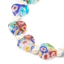 Colorful Handmade Millefiori Lampwork & Alloy Heart Beaded Stretch Bracelet, Flower Bracelet for Women, Colorful, Inner Diameter: 1-7/8 inch(4.8cm)