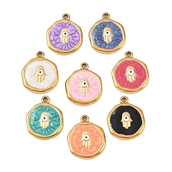 Hamsa Hand 304 нержавеющей стальной эмали подвески, плоско-круглые, золотые, хамса рука, 15.5~16.5x13.5x2.5 мм, отверстие : 1.2~1.4 мм