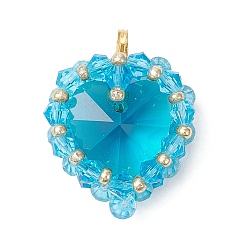 Светло-Голубой Латунь стекло кулоны, сердце, с & стеклянным бисером, граненые, Небесно-голубой, 26x20.5x9.5 мм, отверстие : 3.5x2.5 мм