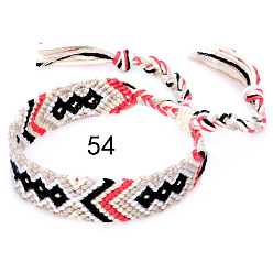 Linen Cotton Braided Rhombus Pattern Cord Bracelet, Ethnic Tribal Adjustable Brazilian Bracelet for Women, Linen, 5-7/8~14-1/8 inch(15~36cm)