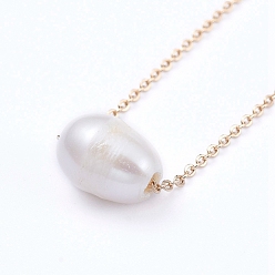 White Natural Cultured Freshwater Pearl Pendant Necklaces, with Lobster Claw Clasps, Oval, Golden, White, 15.9 inch(40.5cm)