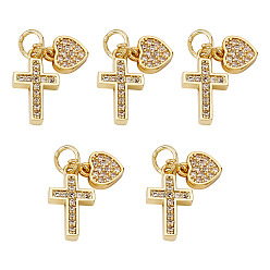 Золотой 5шт. подвески в виде сердца и креста из латуни с кубическим цирконием, с 304 кольцами из нержавеющей стали, золотые, 16 мм