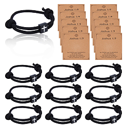 Black 12Pcs Square with Cross Alloy Braided Bead Bracelets, Adjustable Cord Bracelets for Men Women, Black, Inner Diameter: 2-1/8 inch(5.5cm)