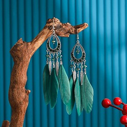 Темный Голубой Серьги-капли из сплава со стразами, с пером, античное серебро, темные голубые, 23x11 мм