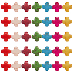 Couleur Mélangete 5 brins de perles turquoise synthétiques en forme de croix grecque, teint, couleur mixte, 8x8x3.5~4mm, Trou: 1mm, Environ 48~50 pcs/chapelet, 38.2 cm