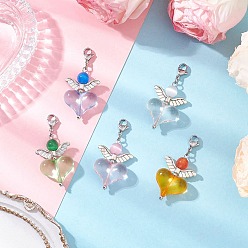 (52) Непрозрачная лаванда Подвеска в форме сердца с кошачьим глазом и акрилом, с крылышками из сплава тибетского стиля и 304 карабинами из нержавеющей стали, разноцветные, 49 мм, 5 шт / комплект