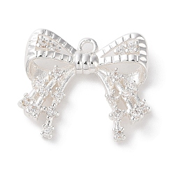 Посеребрённый Латунные микропаве прозрачные подвески с фианитом, бантом, без кадмия, без никеля и без свинца, 925 серебро покрытием, 15.5x18.5x3 мм, отверстие : 1.3 мм