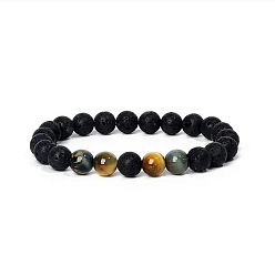 Colorful 8MM Round Dyed Natural Tiger Eye and Lava Rock Yoga Beaded Stretch Bracelets, Buddhist Prayer Bracelets, Colorful, 7.09 inch(18cm)