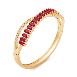 Golden Brass Pave Clear Cubic Zirconia & Dark Red Glass Cross Hinged Bangles for Women, Golden, Inner Diameter: 2-1/4 inch(5.8cm)
