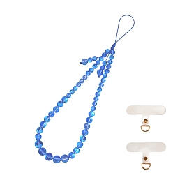 Blue Round Synthetic Moonstone Beaded Mobile Straps, Nylon Cord with TPU Mobile Phone Lanyard Patch Mobile Accessories Decor, Blue, 23cm
