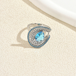 Bleu Ciel Foncé Micro cuivres ouvrent zircons bagues, fleur, platine, bleu profond du ciel, 20mm, diamètre intérieur: 16~18 mm