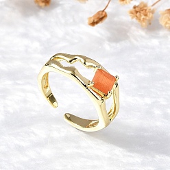 Коралловый Квадратные латунные манжеты-кольца «кошачий глаз», без кадмия и без свинца, долговечный, стойки покрытие, реальный 18 k позолоченный, коралл, 8 мм, внутренний диаметр: регулируемый