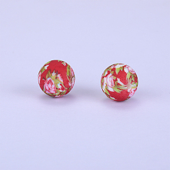 Coral Printed Round with Flower Pattern Silicone Focal Beads, Coral, 15x15mm, Hole: 2mm