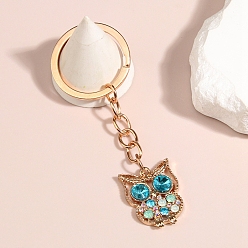 Owl Golden Zinc Alloy Keychain, with Aquamarine Rhinestone, Owl, 8cm