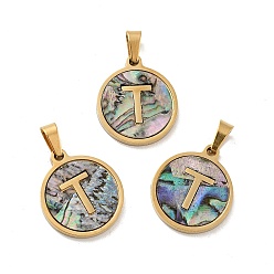 Letter T Вакуумное покрытие pvd 304 нержавеющая сталь с подвесками из ракушек пауа, золотые, плоский круглый с подвеской в виде буквы, letter.t, 18x16x1.5 мм, отверстие : 3x6 мм