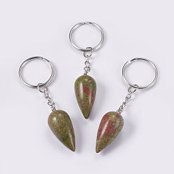 Unakite Natural Unakite Keychain, with Iron Key Rings, Platinum, teardrop, 80.5mm, Pendant: 33.5x15.5mm